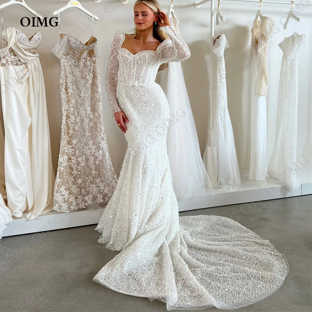 

OIMG Ivory Wedding Dresses For Women 2024 Bride Robe De Mariée Sequins Beads Court Train Sexy Sweetheart Boho Bridal Gowns