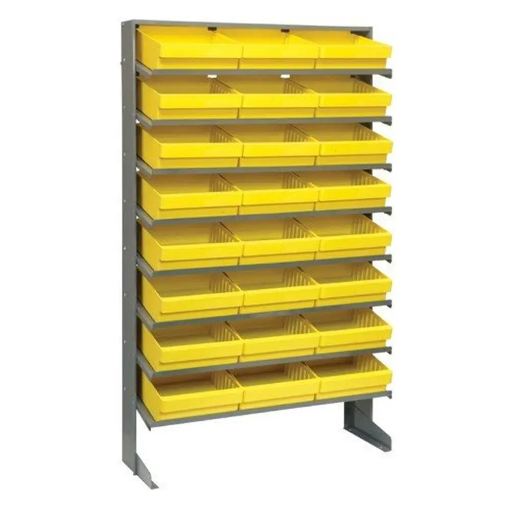 Sloped Single-Sided Display Shelving Pick Rack with 8 Shelves Yellow Bins Kit