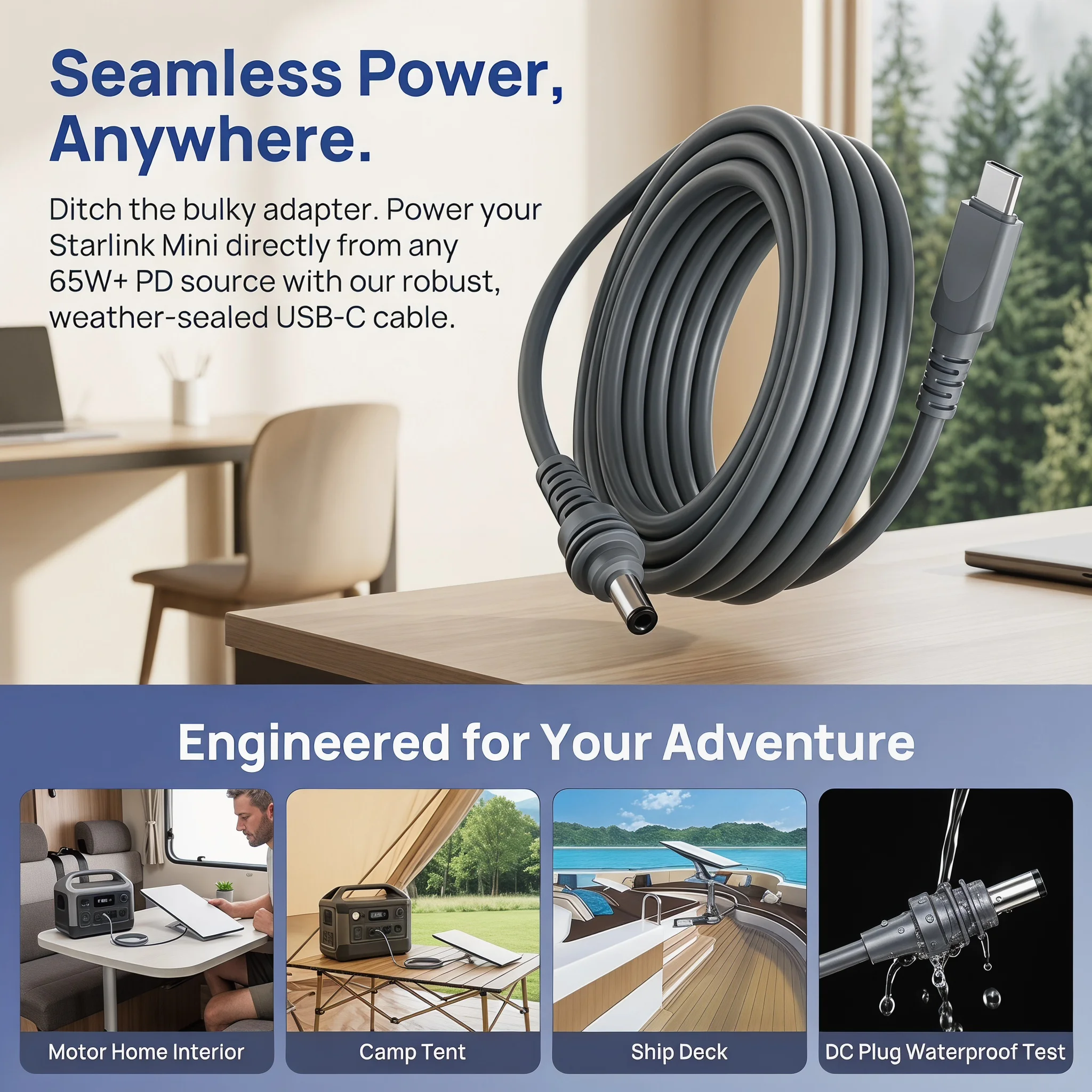 USB‑C to DC Power Cable Compatible with Starlink Mini 65W+ PD Charging Waterproof Weather‑Sealed Wire for RV Camping Boat Outdoo