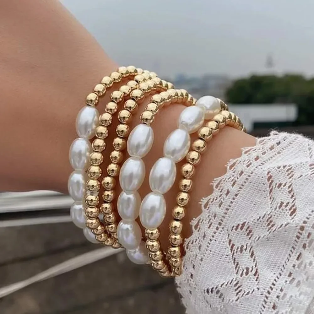 

6Pcs/Set Punk Vintage Imitation-Pearl Chain Bracelets for Women Statement Charm CCB Beads Bangles Aesthetic Couple Hand Jewelry