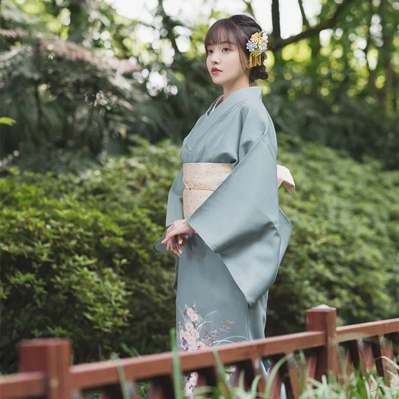 Japanese Traditional Women Kimono Beautiful Blue Color Crane Prints Classic Yukata Cosplay Costume Photography Dress