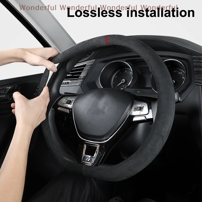 

Suede Cowhide Steering Wheel Wrap, 37-38cm Breathable Universal Protector Cover