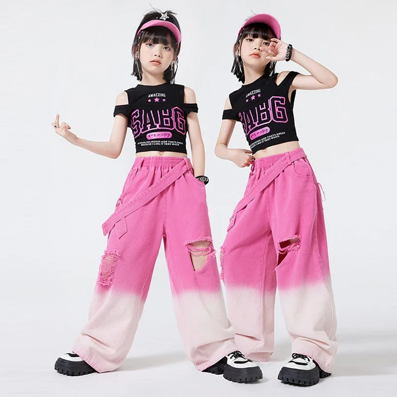 

Girls Jazz Fashion Suit Kids Hip Hop Dance Performance Costume Kpop Stage Outfit Streetwear Black Top Pink Gradient Pants