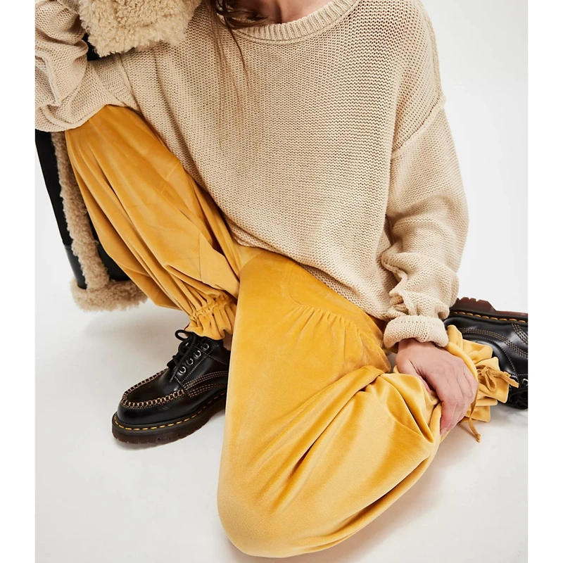 سروال نسائي طويل برباط مرن من Combhasaki بخصر منخفض مع جيوب Y2k سروال مخملي عتيق #2