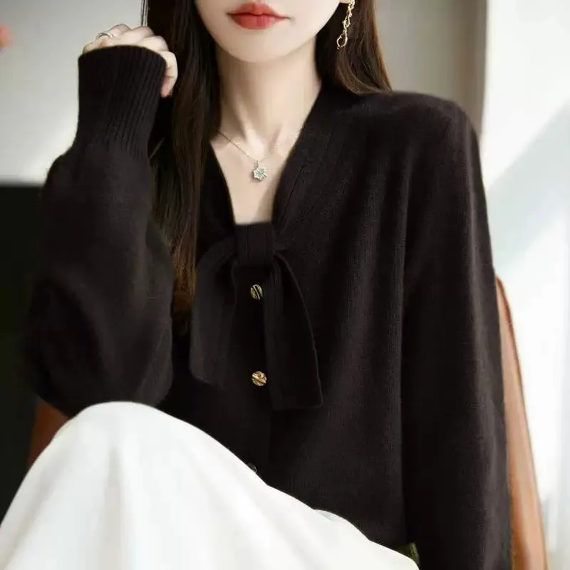 Womens Clothing Bow Temperament Sweater Autumn/Winter Super Good-looking Long Sleeve Knit Tops Lady V-onck Versatile Casual Coat