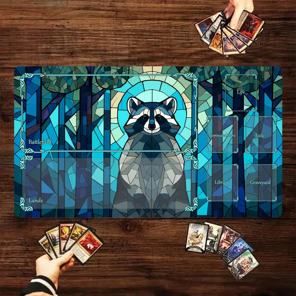 

Magic Card Playmat with zone Stained Glass Style Raccoon MTG playmat gathering gaming mats Desk Mat Commander Battle playmat