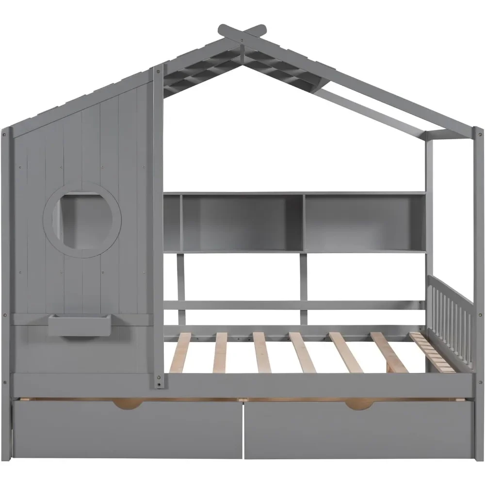 Cama de Casa de tamaño completo con cajones y estantes de almacenamiento, marco de cama de Casa Montessori de madera, tienda de juegos para niños, niñas y niños cama para, gris