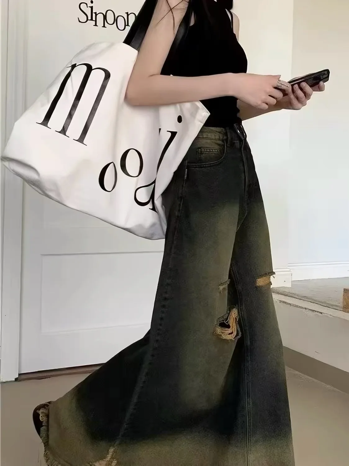 Retro Blue Frayed Hole Sensual Half-length Skirt Women's Autumn New Small Size Draping Long Popular Hot Girl Denim Skirt