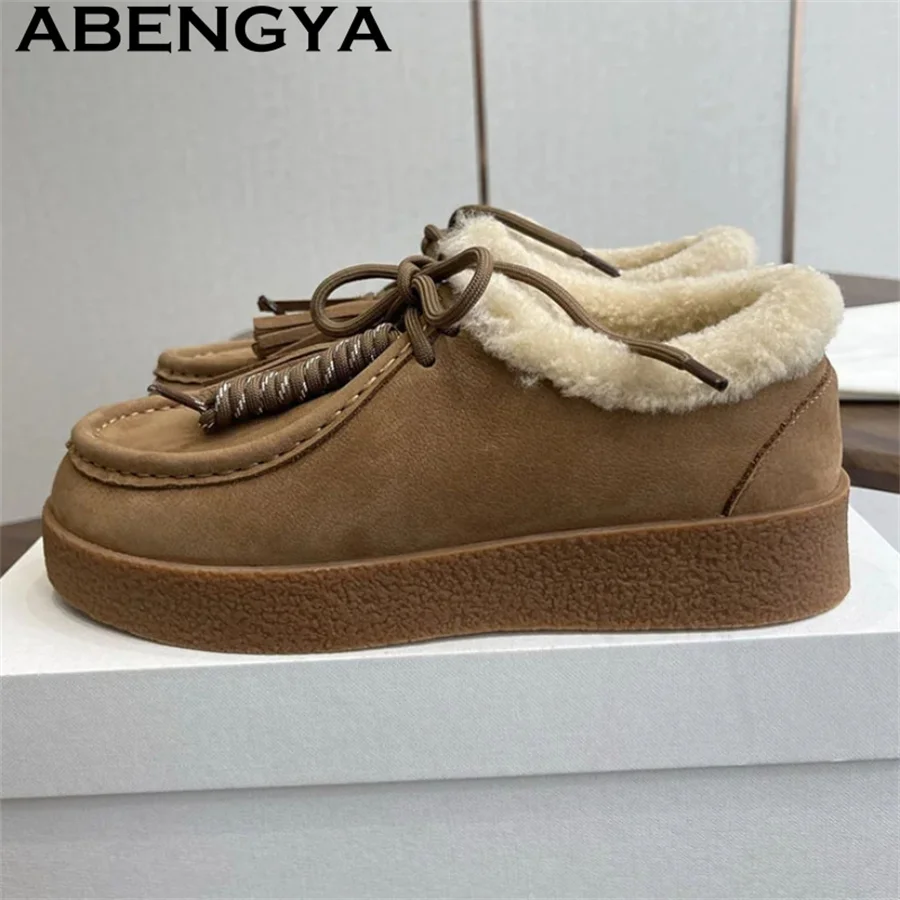 

Winter Suede Leather Fur Flat Shoes for Women Shoes Lace Up Loafers Soft Moccasins Driving Flats Zapatos Chaussure Female 2025