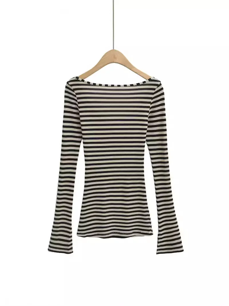 Split Flared Sleeves Stripes Blouse V-neck Long Sleeved T-shirt Top Women's Autumn Waist Slim Fit Bottom Shirt