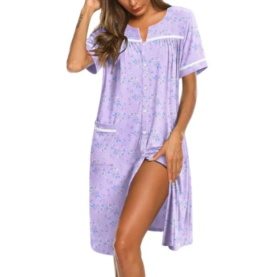 Ekouaer Nightgowns for Women Cotton House Dress with Pockets Button Down Night Gown Short Sleeve Duster Housecoat S-3XL