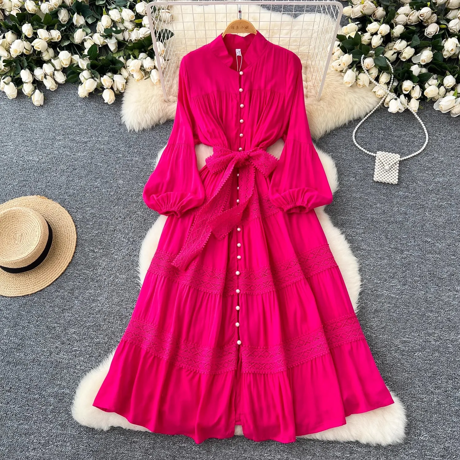 

Bohemian Retro Beach Dress Women's French Stand Collar Single Breasted Lace Splicing Lantern Sleeve Long Dress Women Vestidos