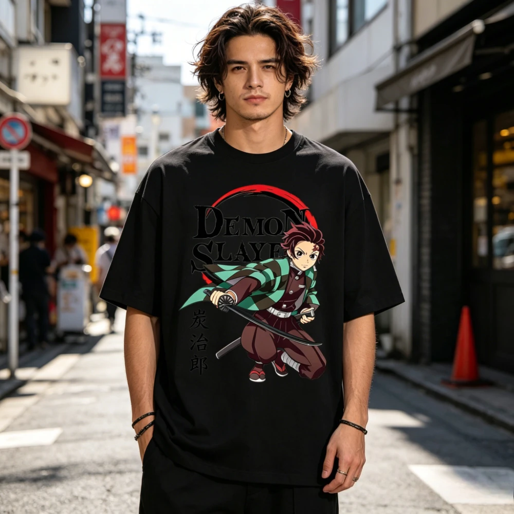 Demon Slayer Tanjiro 100% Baumwoll-T-Shirt Anime Grafik-Tee für Herren Lässige Streetwear Harajuku Top Geschenk für Anime-Fans 2026 Sport