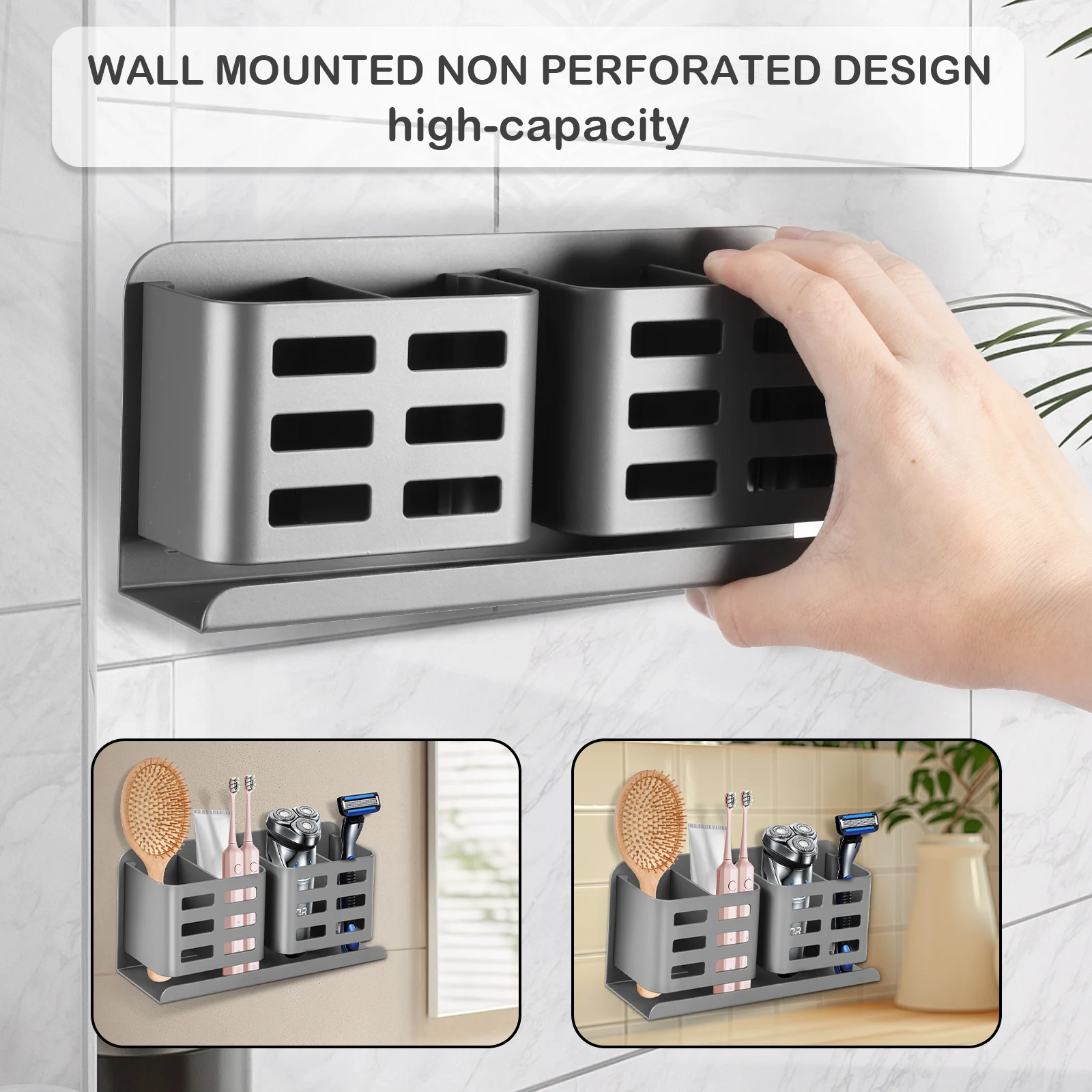 

No Drill Wall Mounted Toothbrush Holder, Self Adhesive Aluminum Alloy Rack for Bathroom, Toothpaste Storage Organizer
