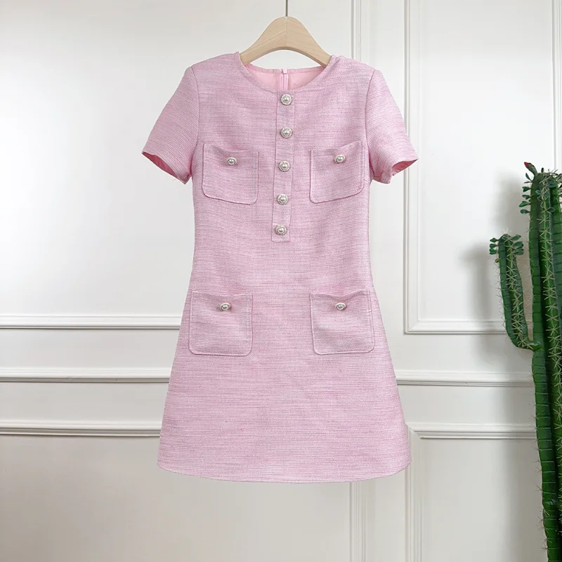 Summer New Small Fragrant Pink Short Dress Women Pearl Buckle Simple Sweet French O Neck Short Sleeve Tweed Dress Female