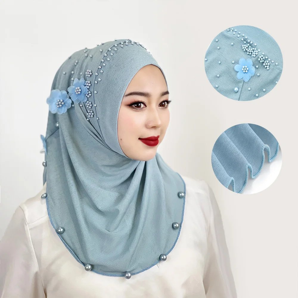 2024 Summer New Muslim Solid Color Women\'s Headscarf Hat Beaded Flower Shawl Elastic Pullover Headscarf