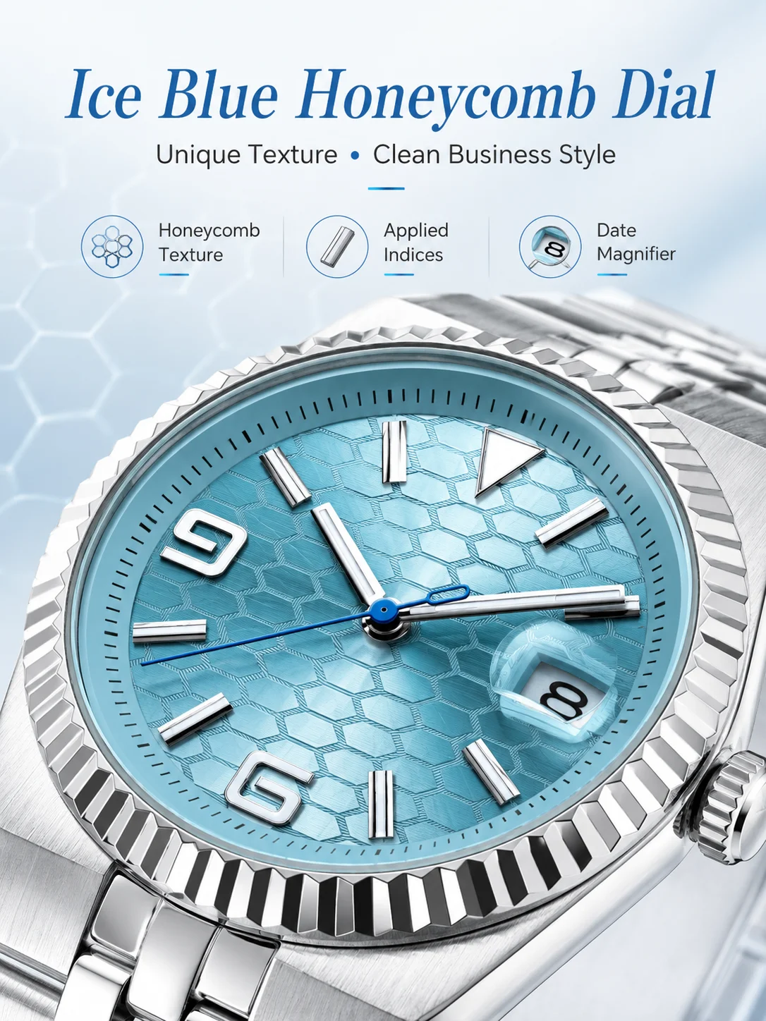 CORGEUT NH35A 8215 Automatikuhr für Herren Eisblaues Waben-Zifferblatt Saphirglas 100M Wasserdicht Leuchtend 316L Stahl Armbanduhr – Detail 2