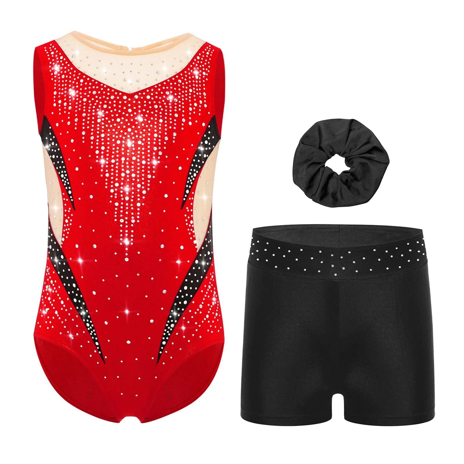 Kids Girls Professional Figure Skating Performance Outfit Color Block Metallic Leotard for Gymnastics Ballet Latin Competition