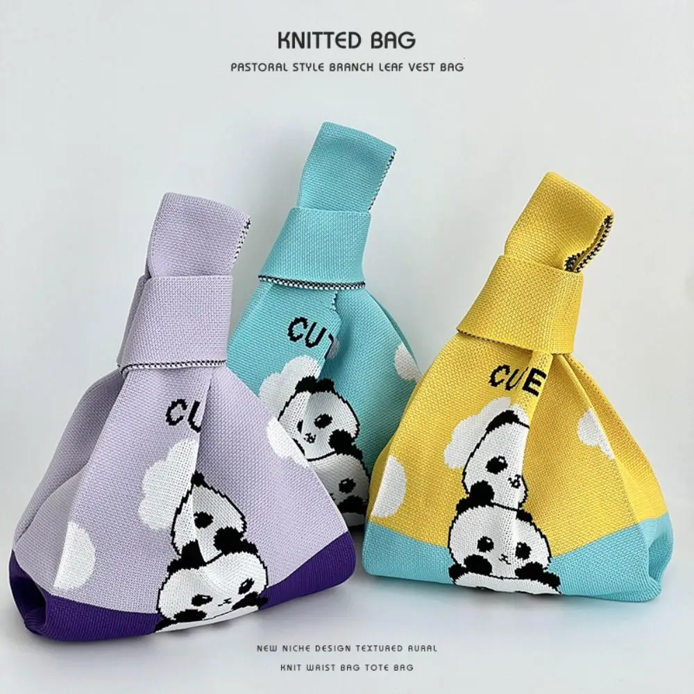 New Large Capacity Cute Panda Knitted Bag Portable Wrist Bag Underarm Bags Lunch Bags Vest Handbags