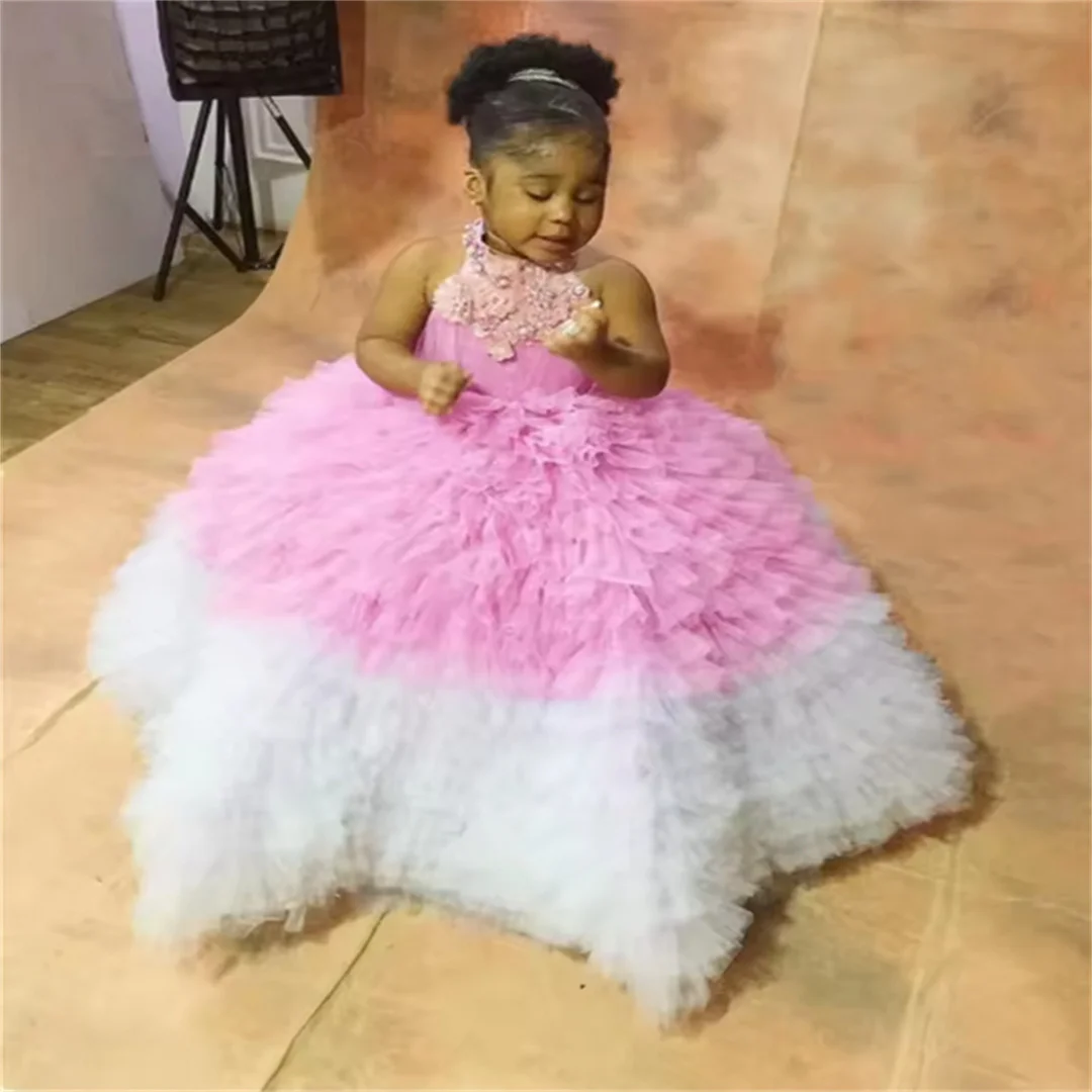 

White Pink Girls Birthday Dresses Tiered Ruffles Flower Girl Dresses for Wedding Party Baby Kids Prom Gown for Photoshoot