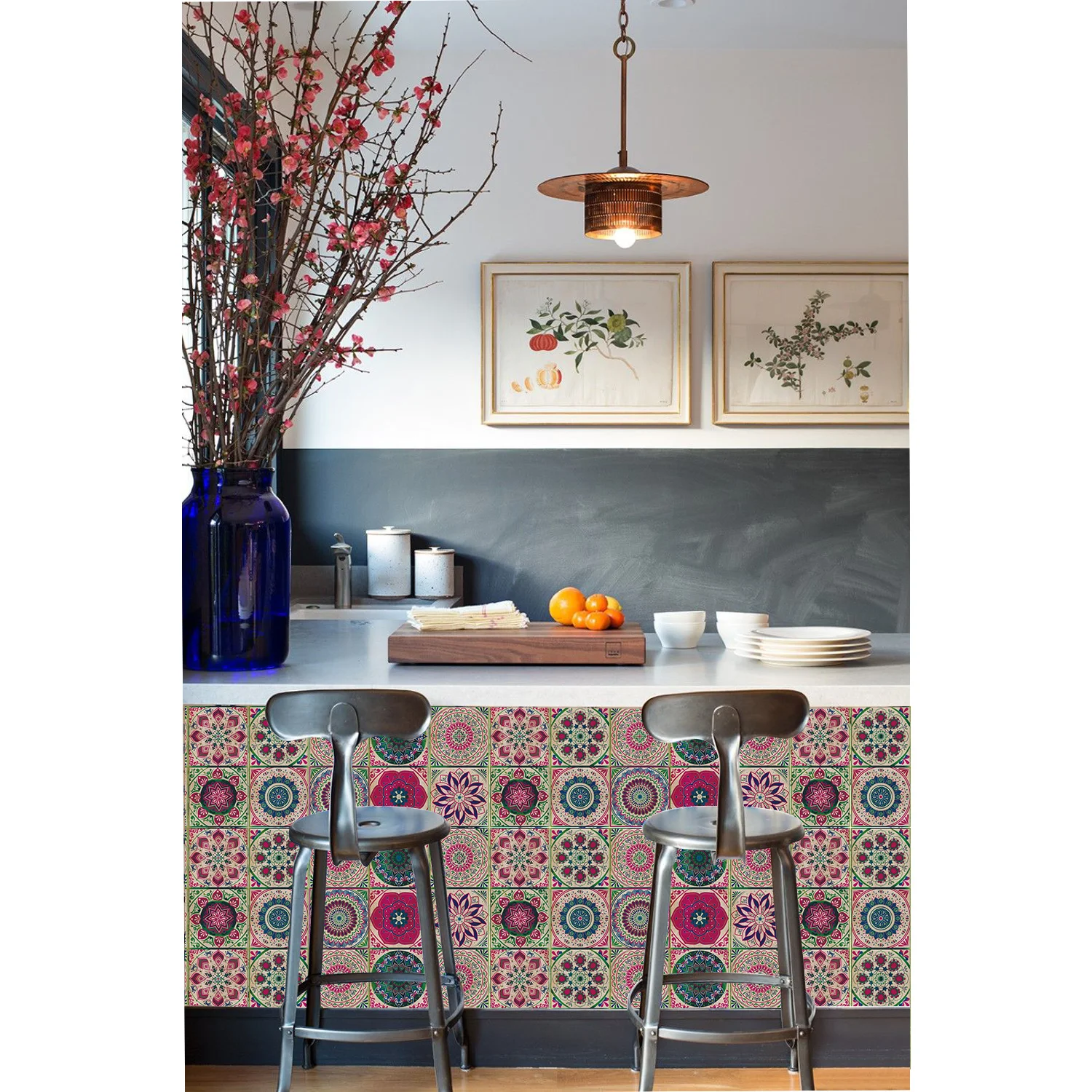 24 Pieces of Mandala Retro Pattern Glossy Self-adhesive Tile Stickers for Kitchen and Bathroom Removable Waterproof Wall Sticker