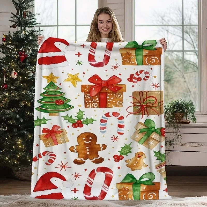 Winter Holiday Decor Blanket Cute Multi‑Color Christmas Tree Snowflake Pattern Soft Light‑Weight Throw Blanket
