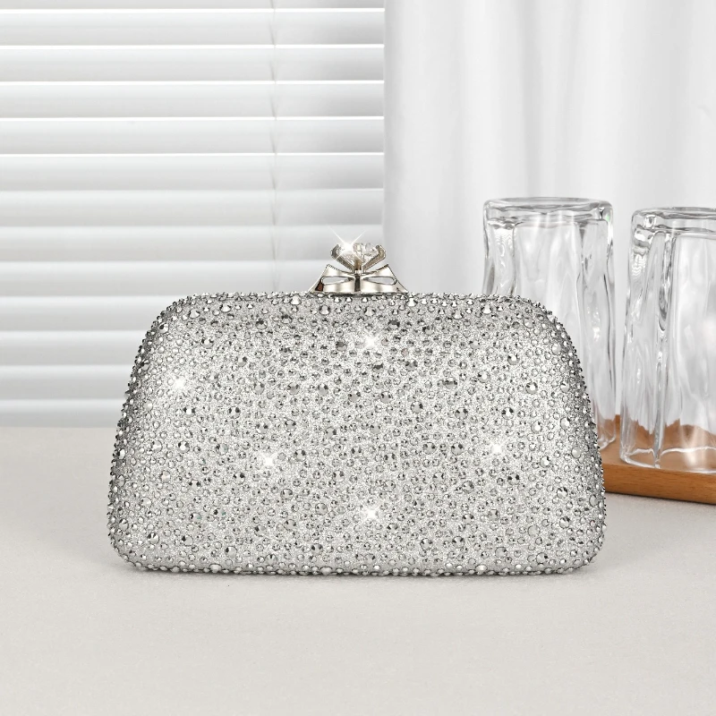 Fashion Full Rhinestone Evening Bag Elegant Dinner Banquet Gown Silver Crystal Wedding Party Formal Purse Blingbling Handbag