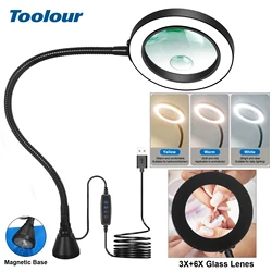 Toolour 3X+6X Illuminated Magnifier LED Desk Lamp Gooseneck Arm Magnetic Base Magnifying Glass Soldering Iron Repair/Table Lamp