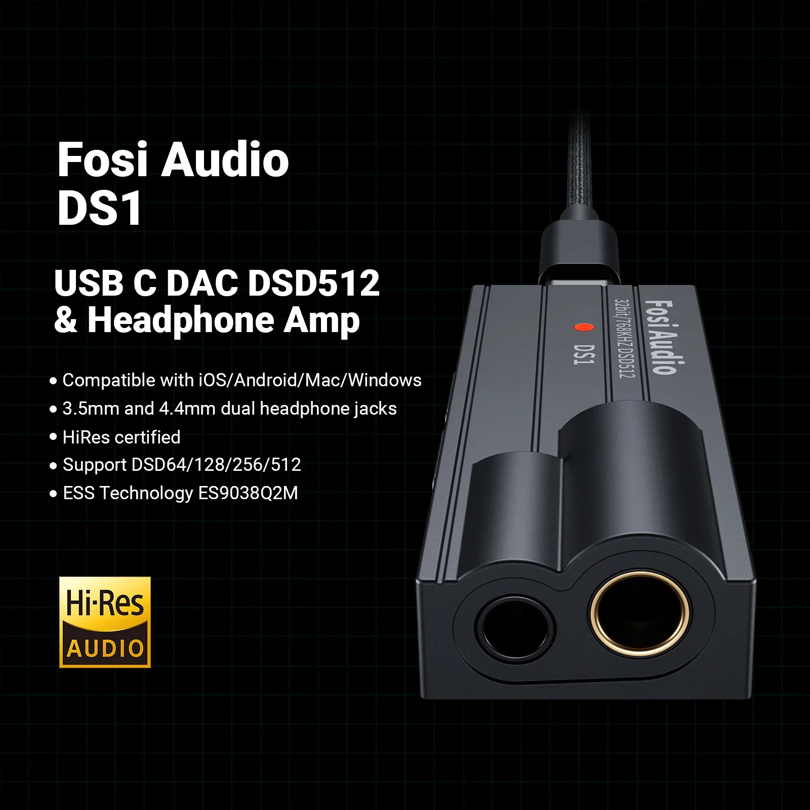 Fosi Audio DS1 DSD512 HiFi USB DAC Dongle Headphone Amplifier Amp Mini Audio Decoder Support 32bit/768kHz with 4.4MM Balanced