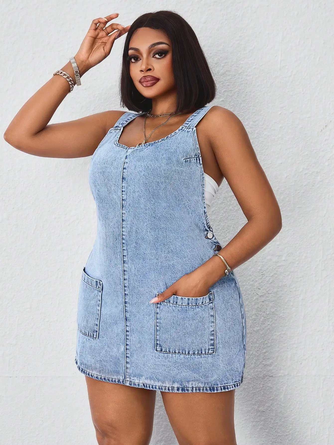 

Washed Light Blue Denim Overall Dress For Women Plus Size Mini Dress Casual Festival Outfit