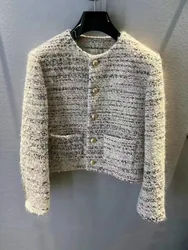 French Variegated Tweed Wool Woven Two Pocket Single Breasted Short Jacket for Women