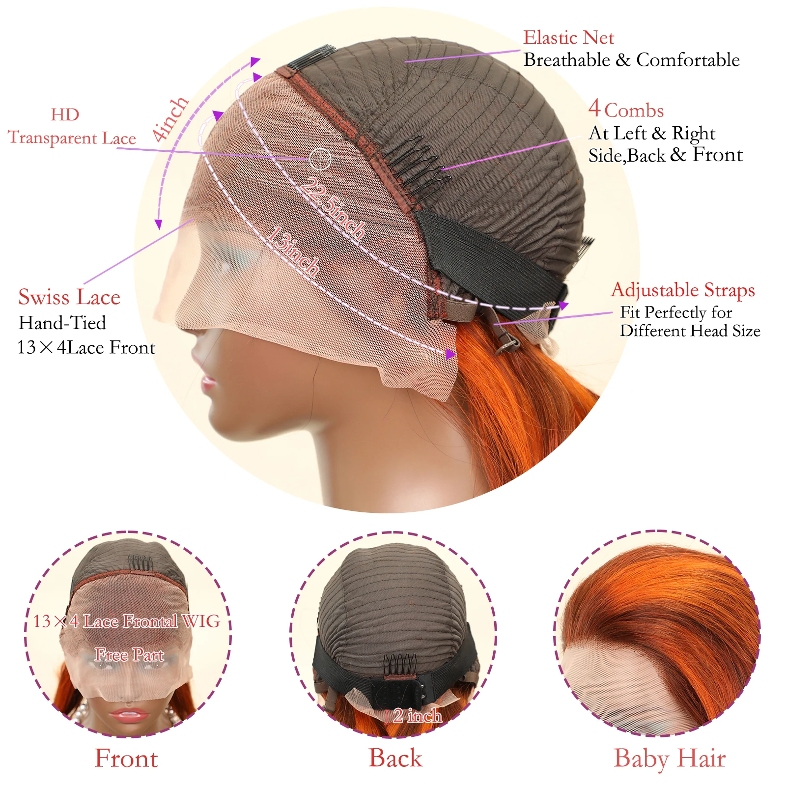 13x4 레이스 정면 인간의 머리 가발 4 350 생강 오렌지 스트레이트 짧은 밥 가발 인간의 머리 밥 하이라이트 가발 인간의 머리카락 판매 200