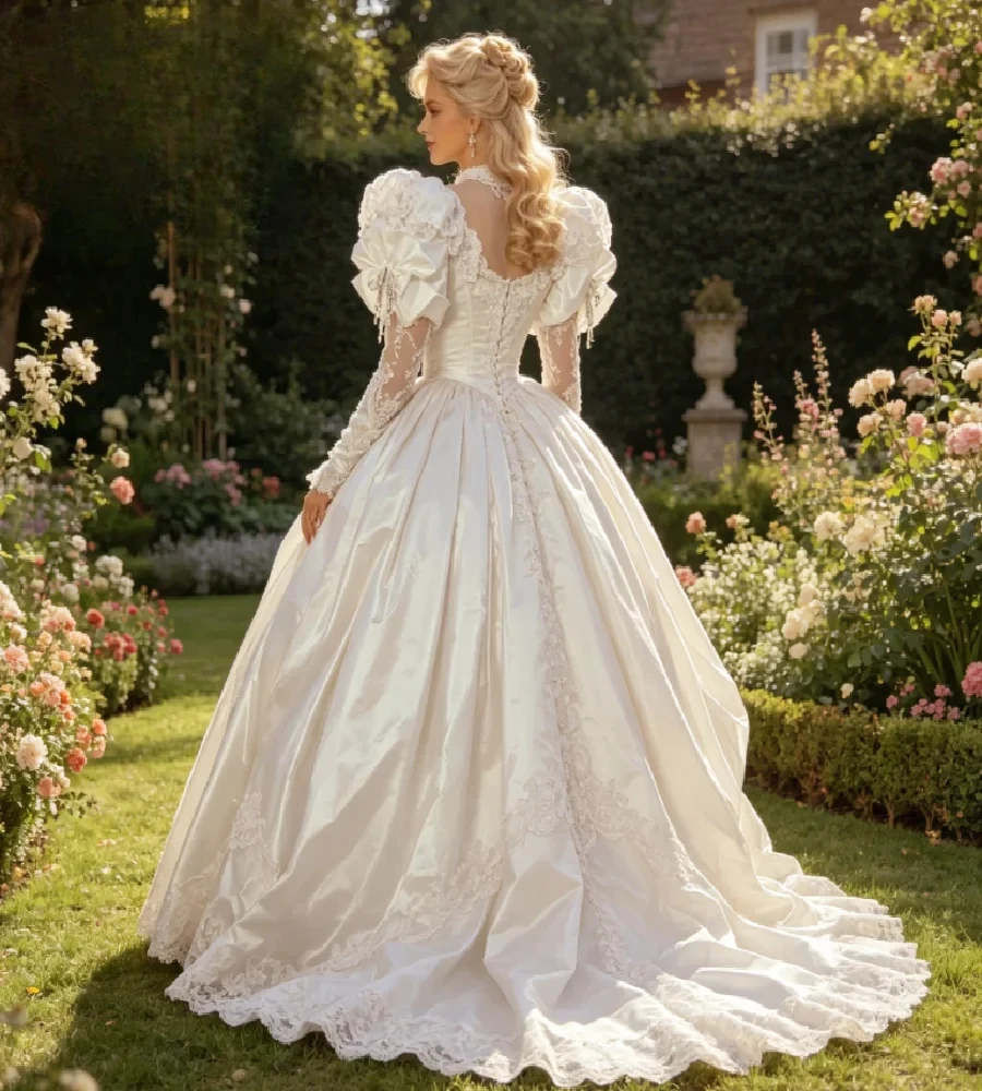 Customzied Exquisite Vintage Puff Sleeve Luxury Lace Applique Illusion Neck Wedding Dresses Elegant Victorian Unique Bride Gowns