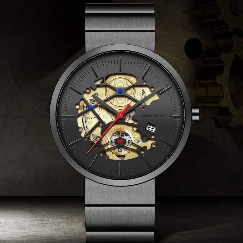 HANNAH MARTIN1312 Watch Men Non Automatic Mechanical Hollow Out Watch Fashion Steel Belt Waterproof Watches for Men Reloj Hombre