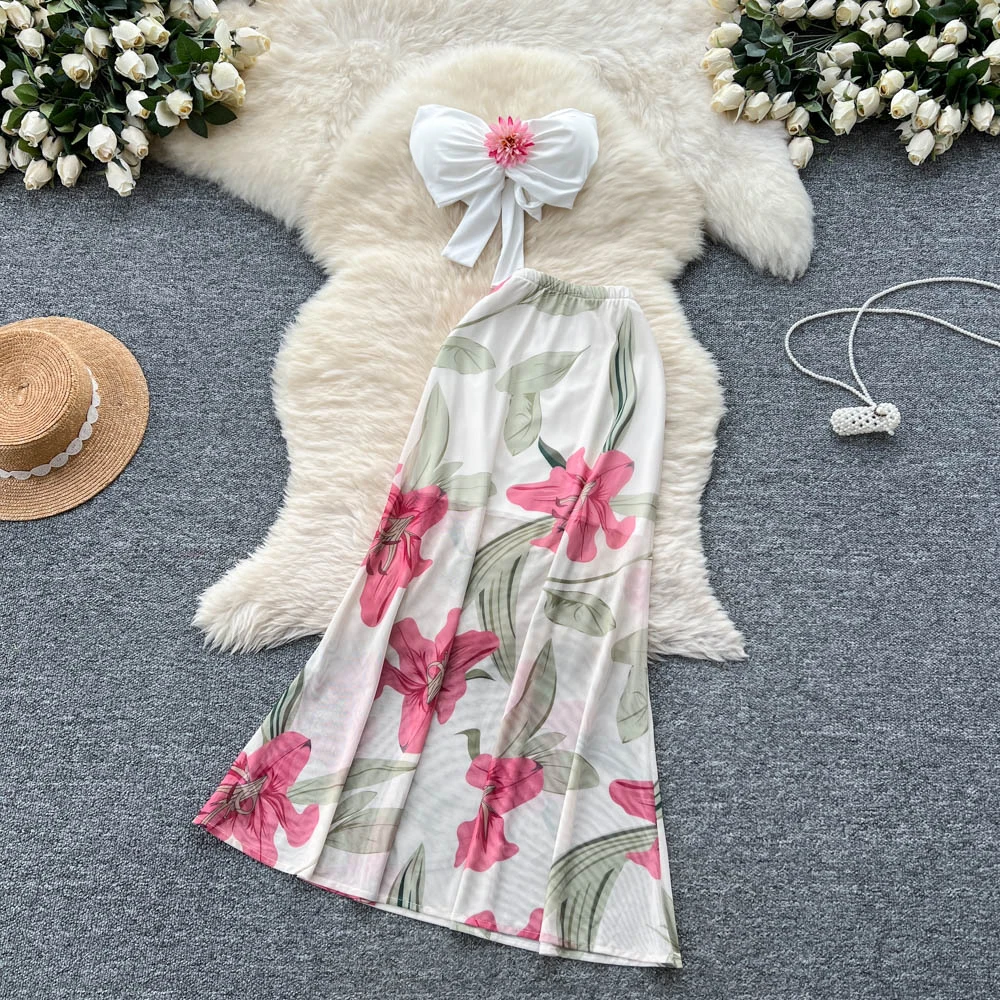 

Шикарный элегантный сетчатый комплект без рукавов с цветочным принтом в Корейском стиле, модный сказочный сексуальный комплект с высокой талией, Vestidos для летних каникул, комплект из двух предметов