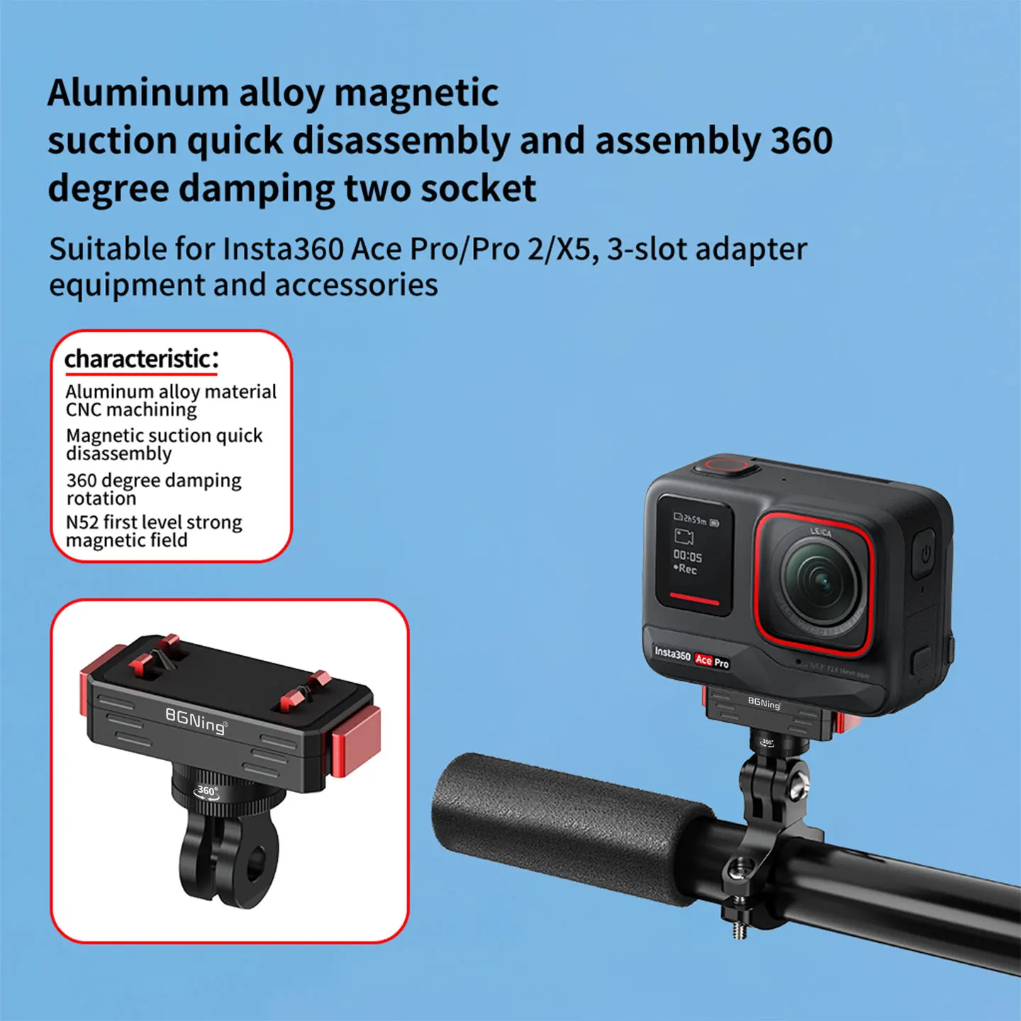 360° Dämpfende Magnetische Halterung mit Schnellverschluss aus Aluminium für Insta360 ACE AcePro 2 X4 X5 X6 Motorrad-Stativ Selfie-Stick-Halterung – Detail 8
