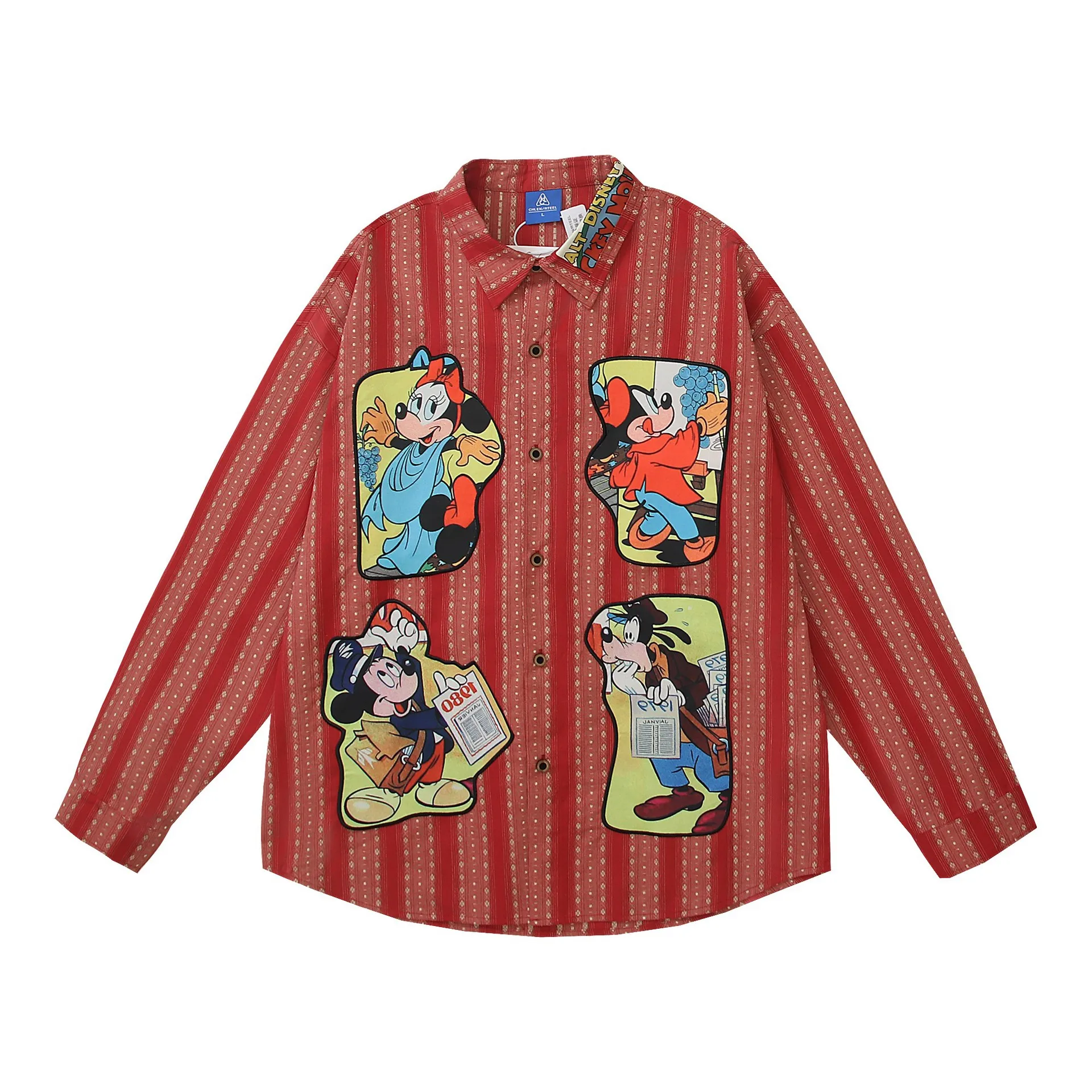 2024 autunno nuovo prodotto Retro Cartoon Pattern camicia a righe a maniche lunghe donna e uomo bavero monopetto top sottili