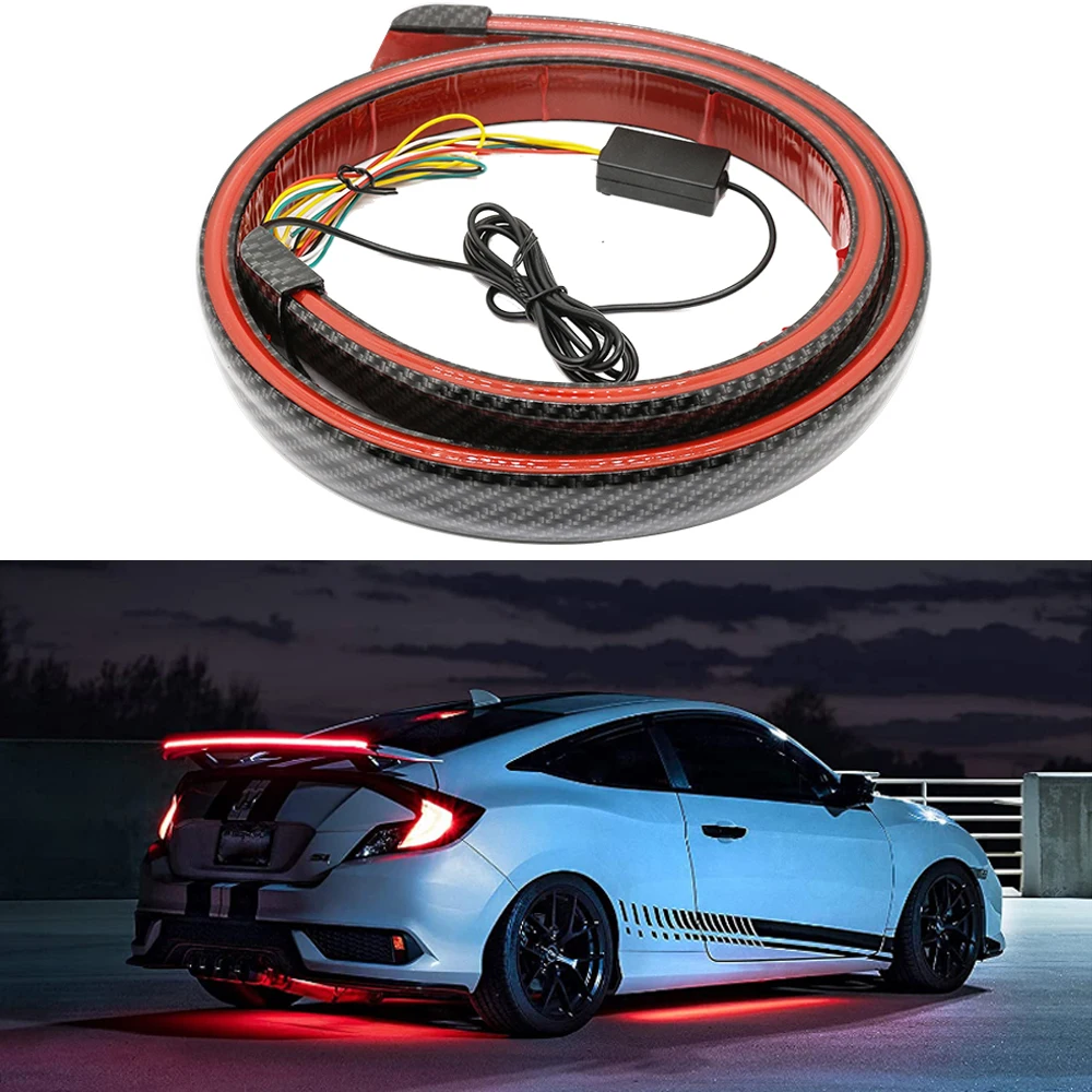 Dynamic Red MultiMode Car Carbon Rear Spoiler Sticker Led Strip Brake Light Turn Signal Lamp Flowing Waterproof Red Dream Color