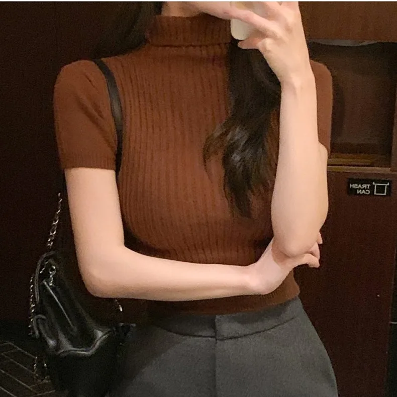 

Новая сексуальная облегающая трикотажная кофта Dongda Gate с высоким воротником, мягкая, женская, модная, для повседневной носки, из дышащей смесовой ткани с полиэстером.