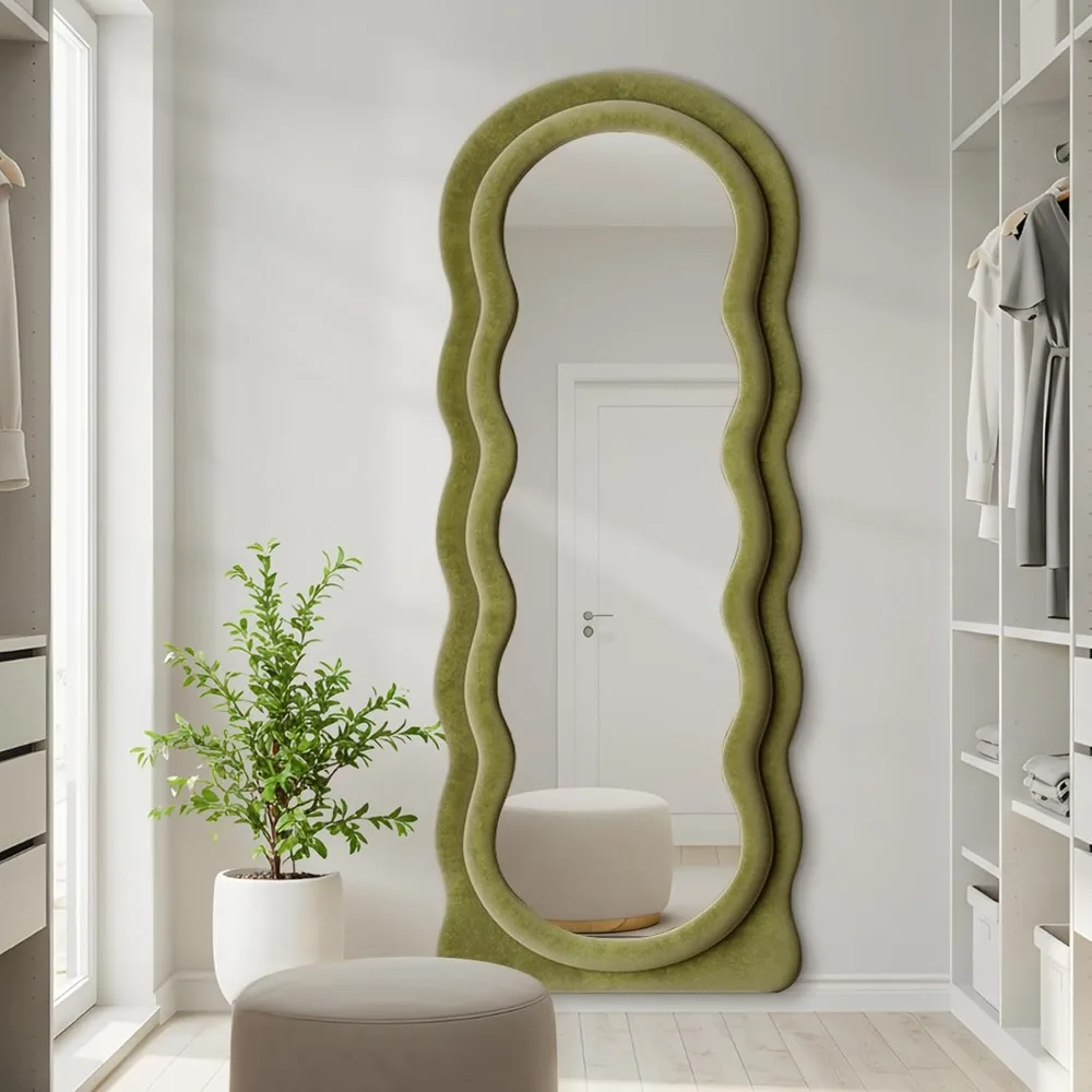 Miroir mural arqué ondulé pour tout le corps, 63x24 pouces, cadre en flanelle verte, miroir mural suspendu pour réflexion pleine longueur