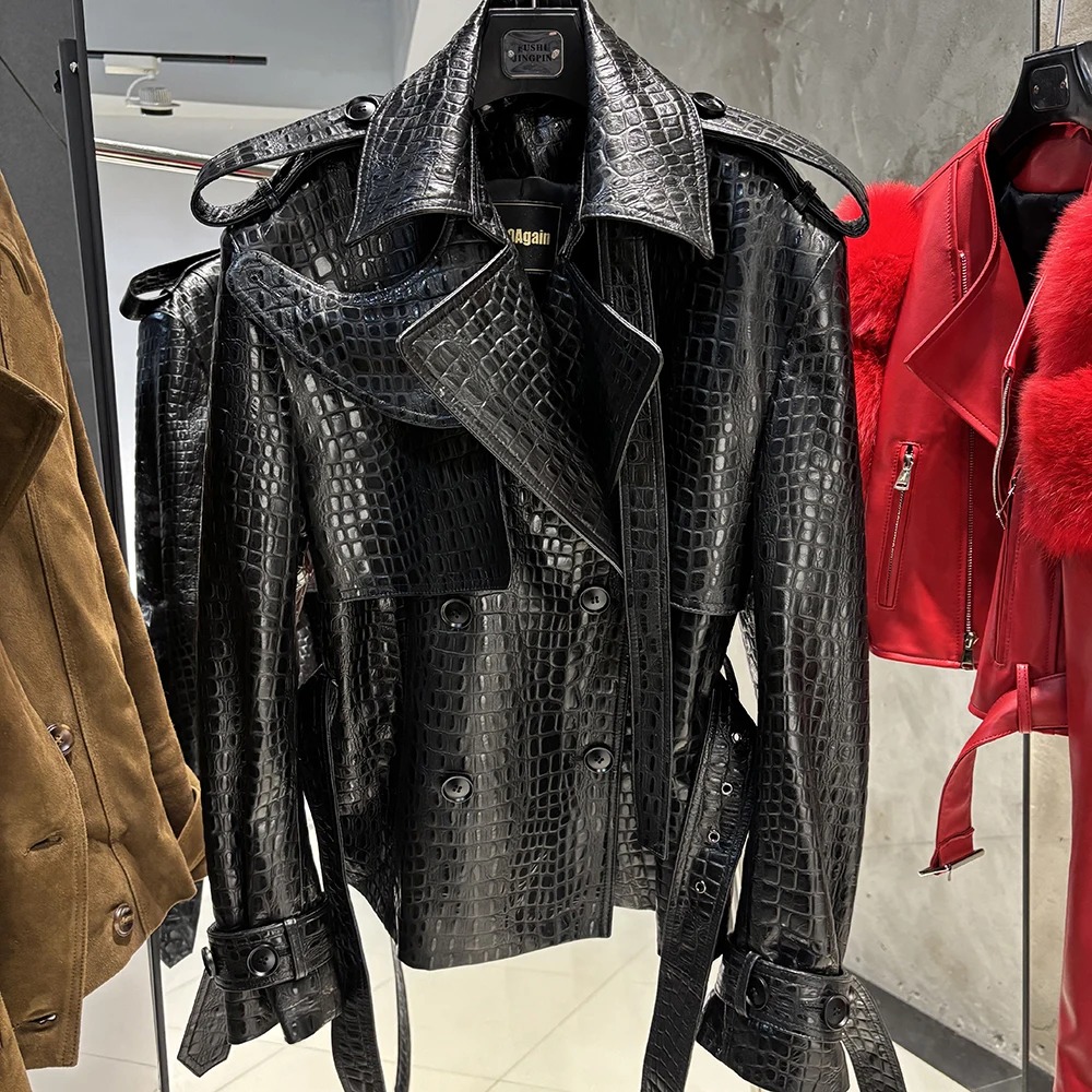 YOLOAgain Double Breasted Croc Pattern Leather Jacket Women 2026 Autumn New Genuine Leather Jacket Ladies