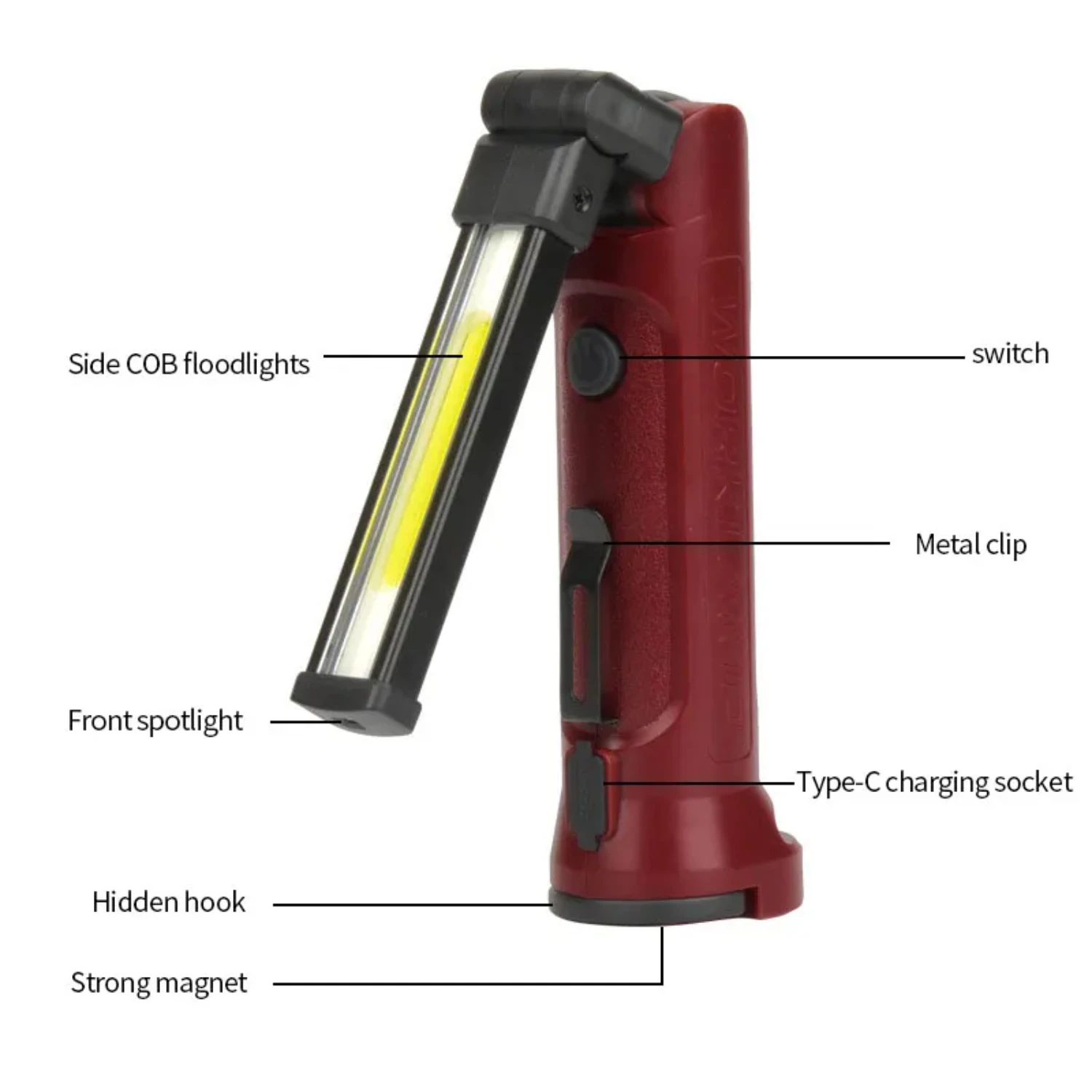 Lampada da lavoro COB 180 °   Torcia pieghevole Faretto per riparazione di emergenza da campeggio portatile ricaricabile tramite USB con gancio per appendere