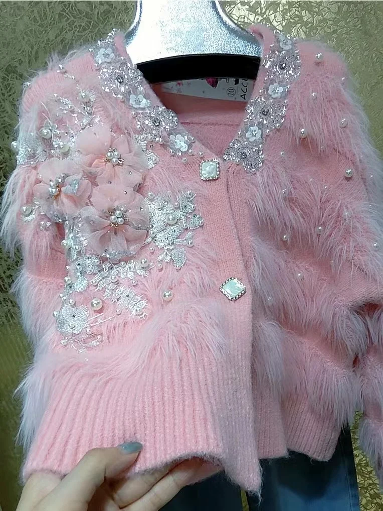 Heavy Industry Pearl Beaded Sequin Flower Stitch Pink Sweater Women Tops Autumn Winter Knitted Cardigan Coat Woman Clothing