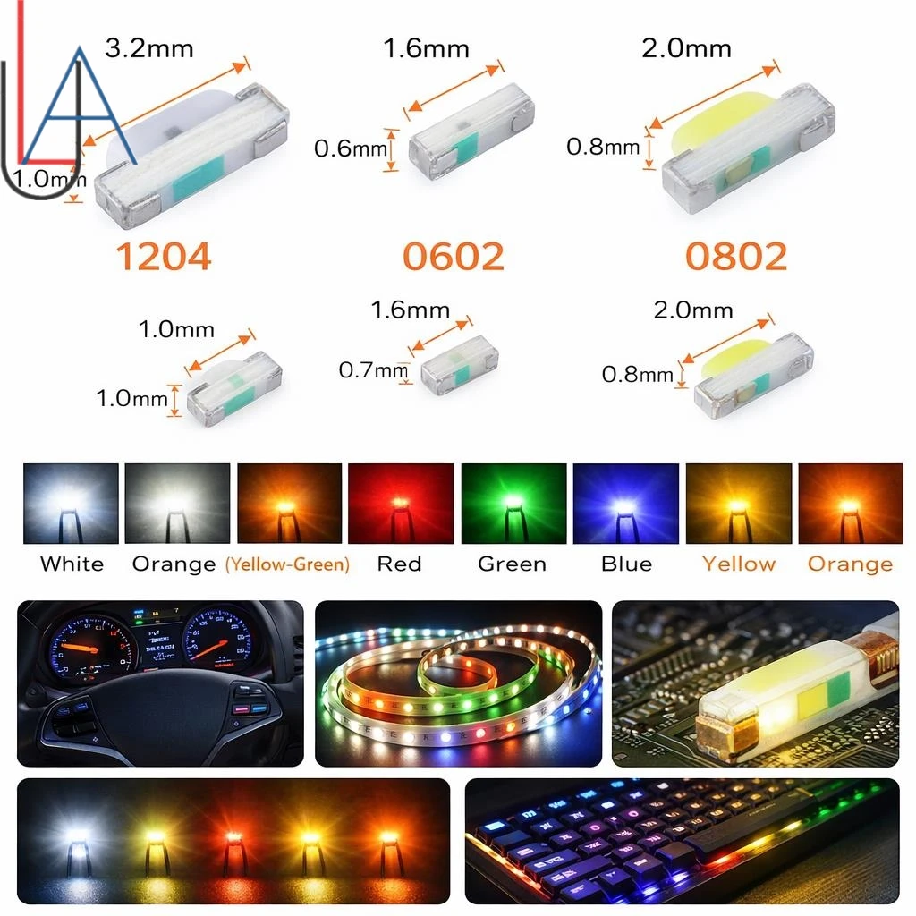 SAMIROB 100Pcs SMD LED Diode 1204 0602 0802 Side Emitting Assorted Red White Blue Yellow Orange Green for DIY Lighting