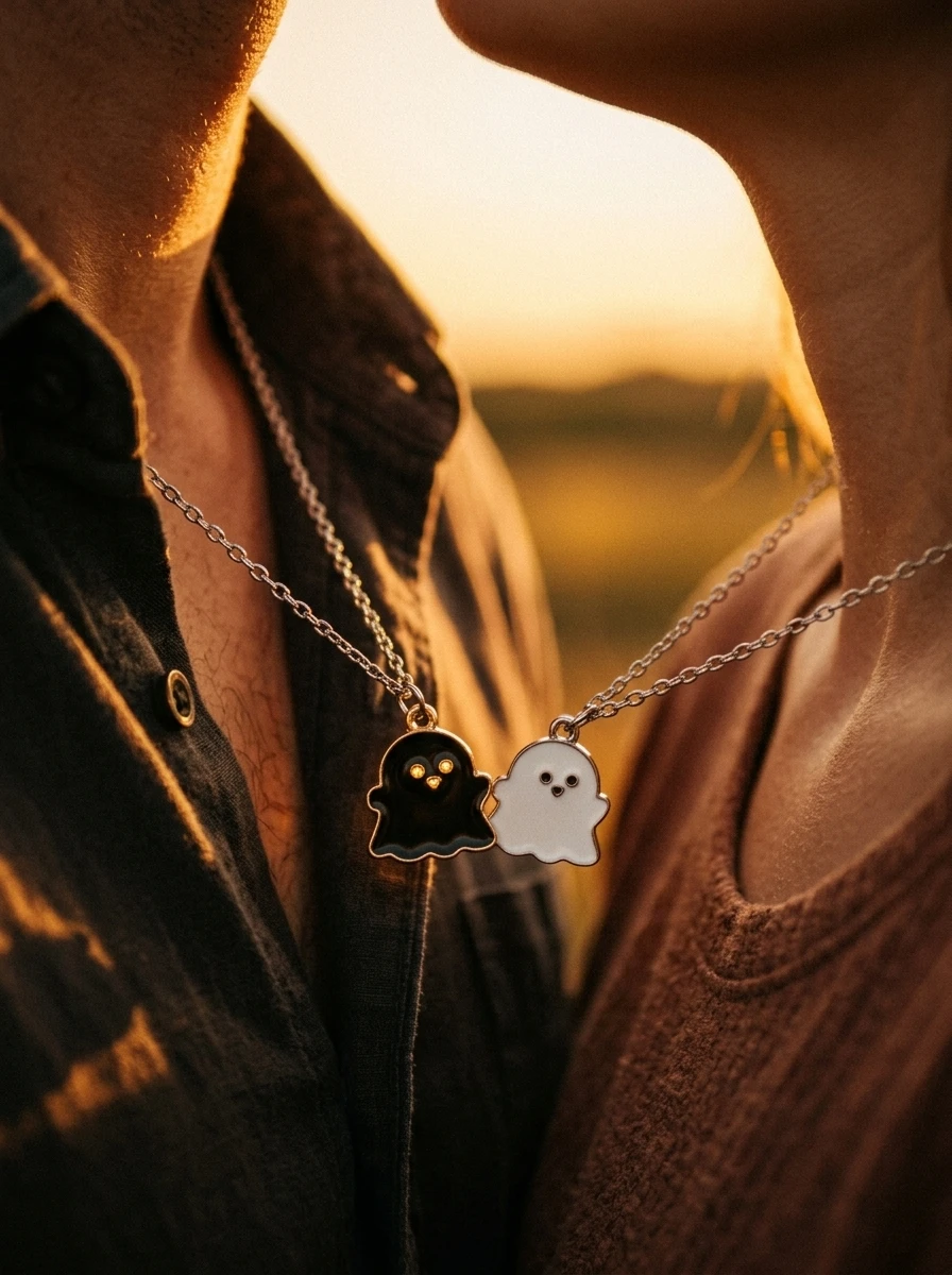 2Pcs/Set Trendy Halloween Themed His & Hers Ghost Necklaces, Playful Enamel Spooky Charm Jewelry for Daily Wear