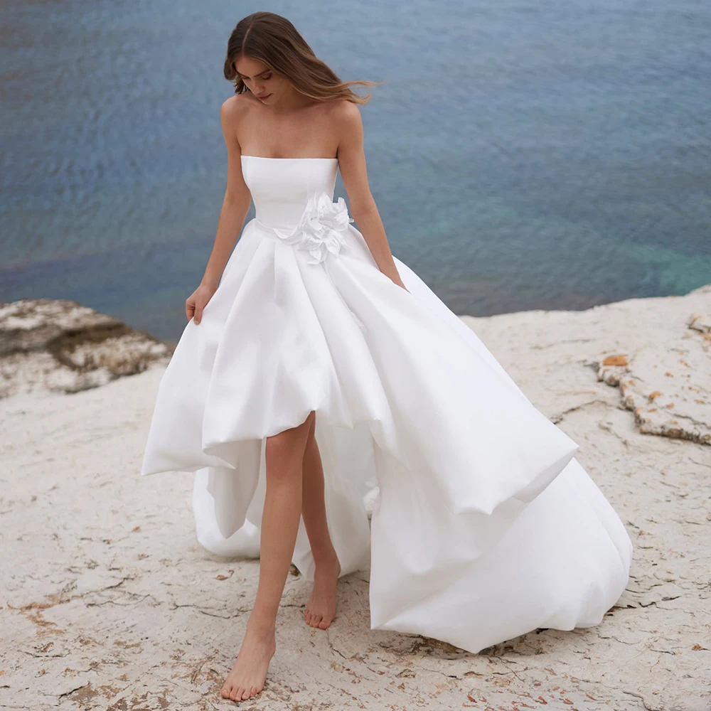 Bohemian Satin High-Low Wedding Dresses 2026 Women Backless Strapless 3D Flowers Bridal Gowns with Chapel Train Customized