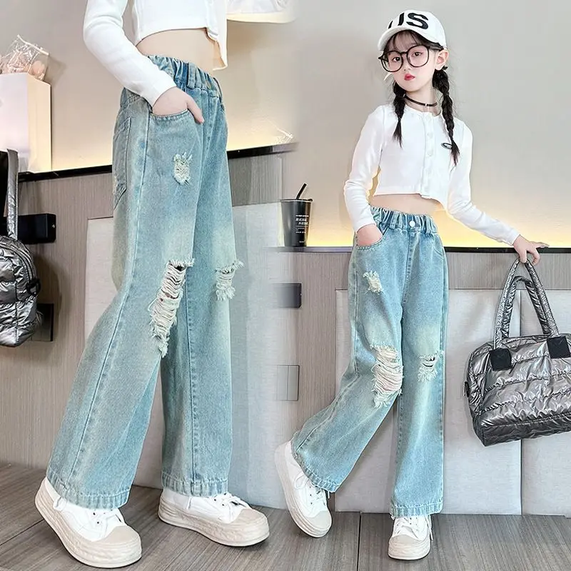 Vintage Ripped Jeans for Girls Fashion High Waist 2024 Spring Autumn Broken Hole Wide Leg Pants Kids Teen Denim Trousers 5-14Yrs