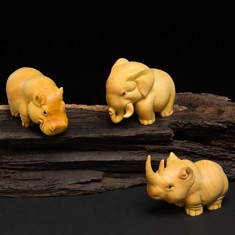 

1PC Manual Wood Carving Rhino Hippo Elephant Figurine for Home Room Car Decor Sculptures Ornaments