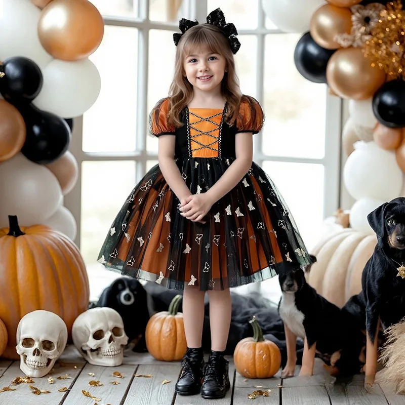 

Halloween Witch Princess Dress Children's Costume Girls Cosplay Print Party Role-playing Clothes A-line Skirt PVC Fabric