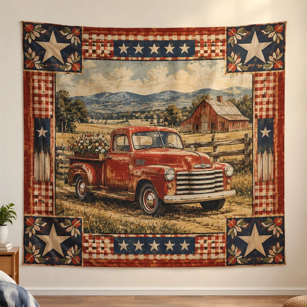 VIKAMA Vintage Pickup Truck Corner Motif Tapestry Wall Hanging, American Wall Decor Tapestries for Bedroom Nursery Kids Room